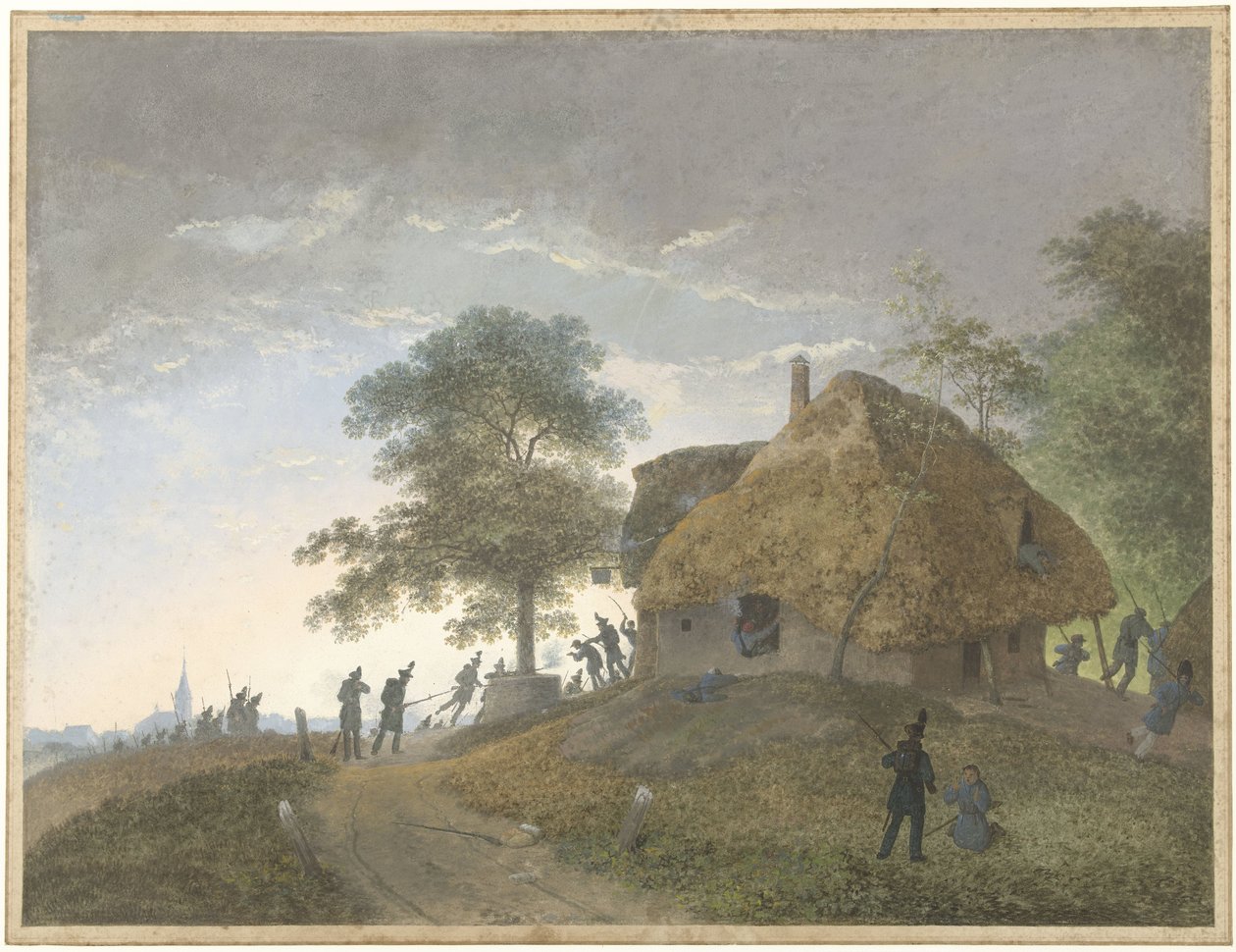 Slåss på ett värdshus med halmtak eller hus på en kulle av Josephus Augustus Knip