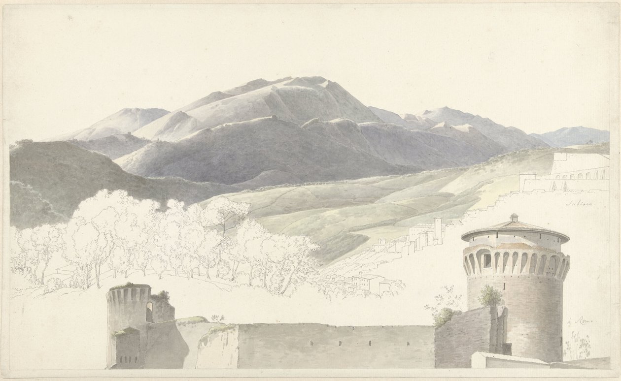 Landskap på Subiaco och byggnad i Rom av Josephus Augustus Knip