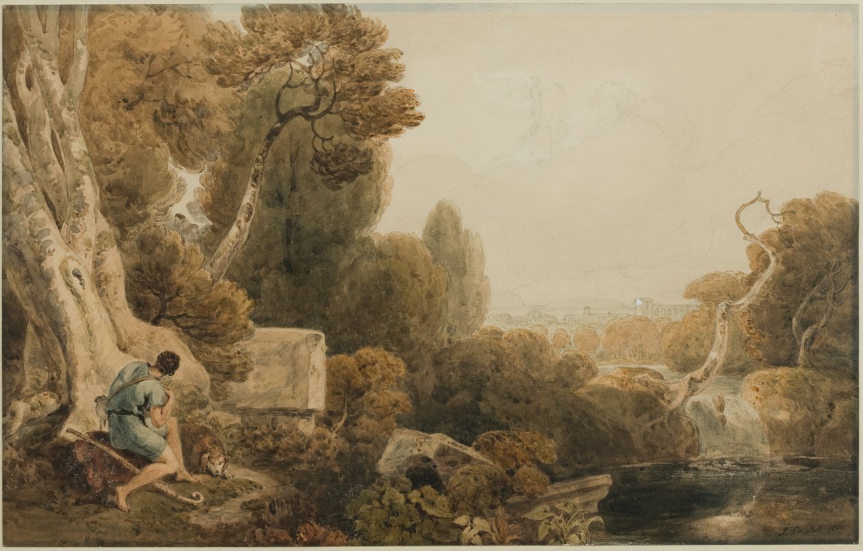 Klassiskt gryningslandskap med pastorala figurer och norrsken i hennes vagn, 1804 (penna och wc på papper) av Joshua Cristall