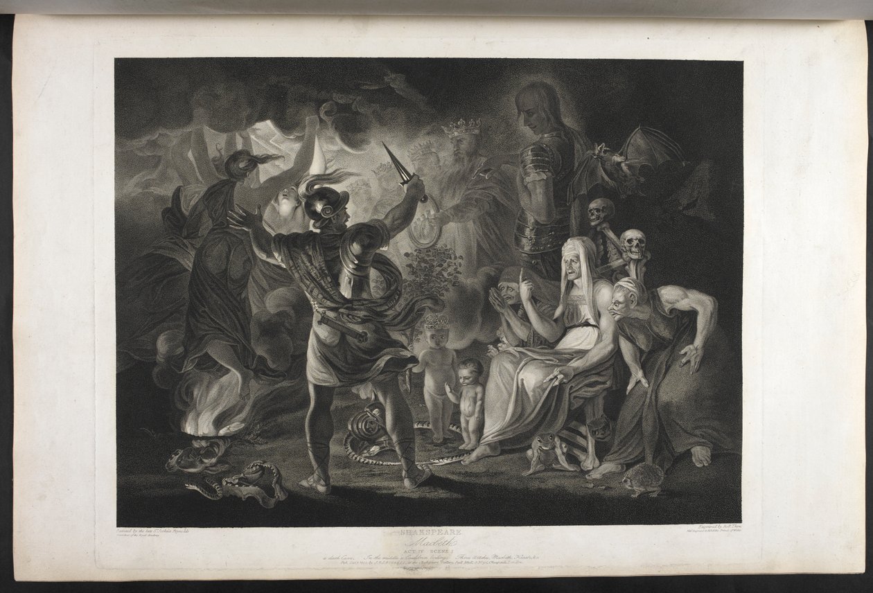 Macbeth.
Akt IV. Scen I.
En mörk grotta. I mitten en kittel som kokar. Tre häxor. Macbeth. Hekate.
Macbeth står inför häxorna och uppenbarelserna; vid hans fötter, inuti en slingrande orm, står ett litet blodigt barn och ett barn som bär en krona och hå av Joshua (after) Reynolds