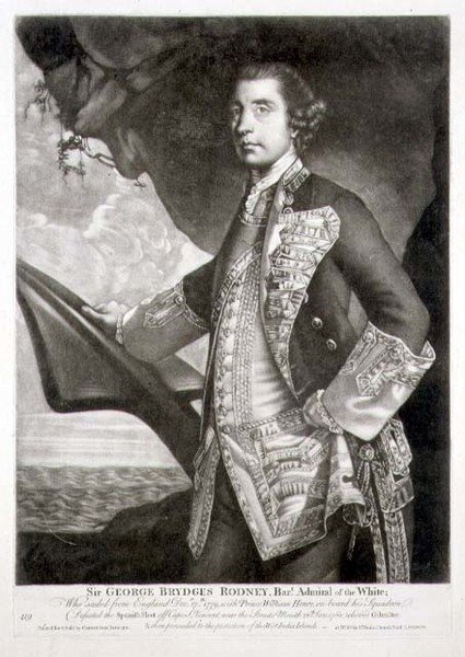 Porträtt av Sir George Brydges Rodney (1719-92) Amiral of the White, graverad av William Dickinson (1746-1823) pub. av Carington Bowles (fl.1744-93) (gravyr) av Joshua (after) Reynolds