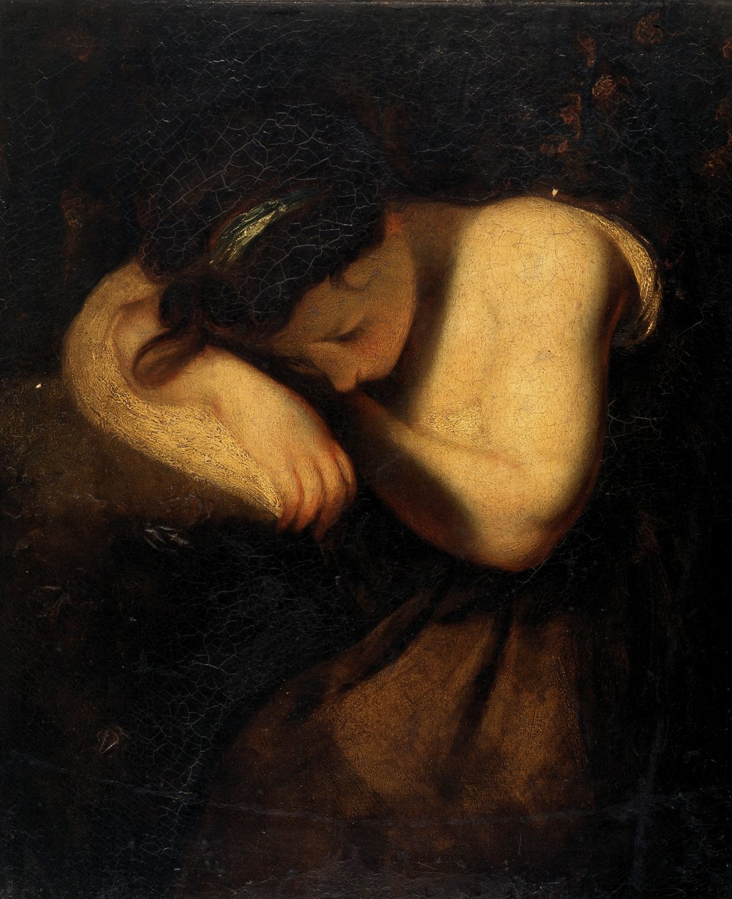 Flicka, sovande (olja på duk) av Joshua (follower of) Reynolds