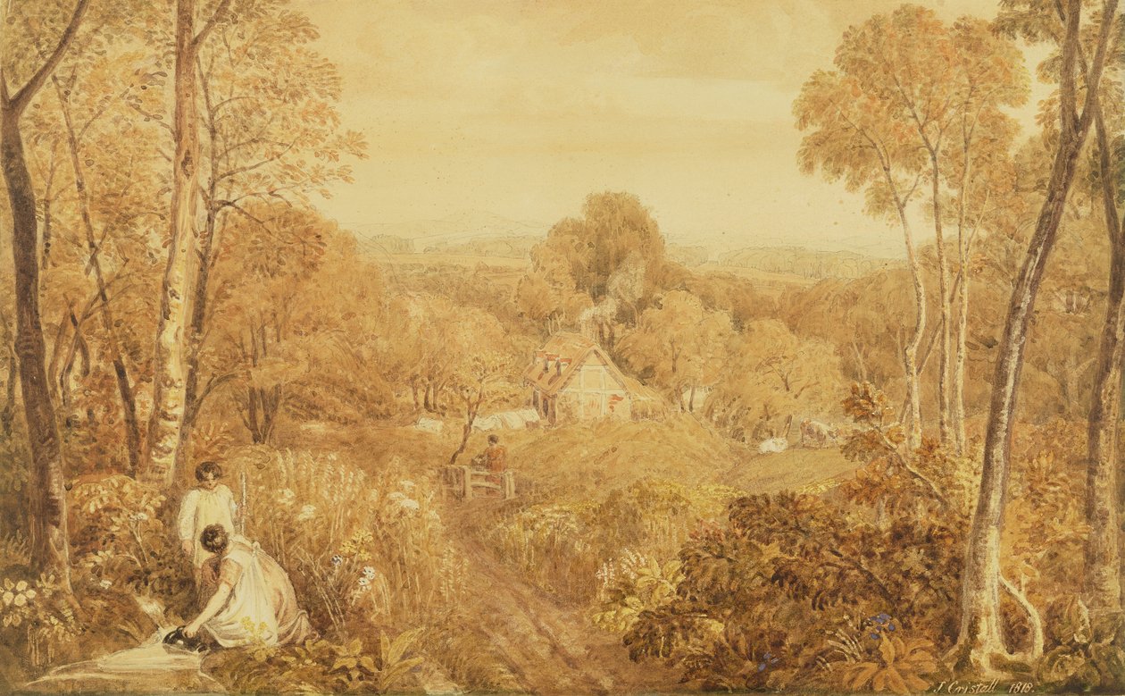 Skogbevuxet landskap med stugor och landsmän, Hurley, Berks, 1818 (wc över grafit på papper) av Joshua Cristall