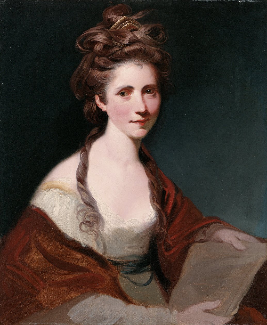 Porträtt av Angelica Kauffmann, halvlängd i vitt iklädd röd sjal av Joshua Reynolds