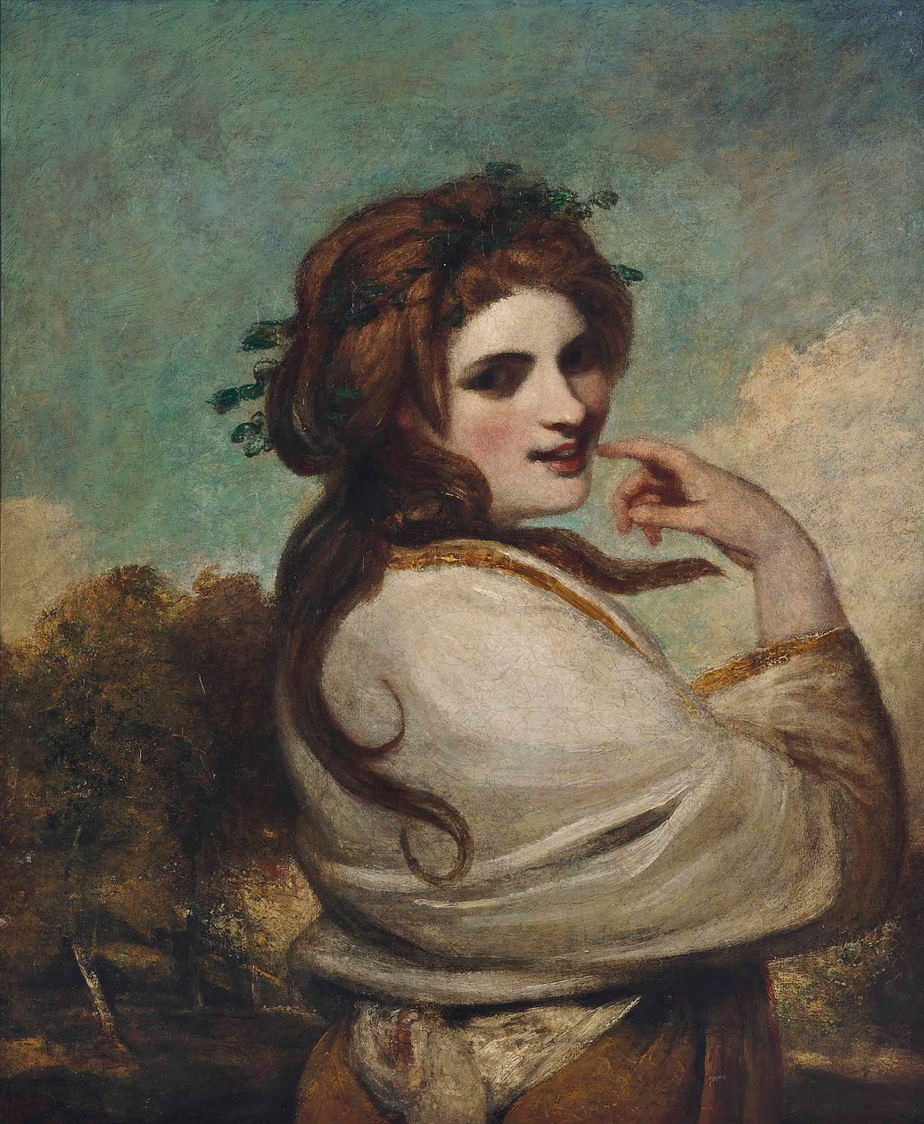 Porträtt av Emma, Lady Hamilton, som en Bacchante, halvlångt, i gul klänning och vit sjal, i ett landskap av Joshua Reynolds