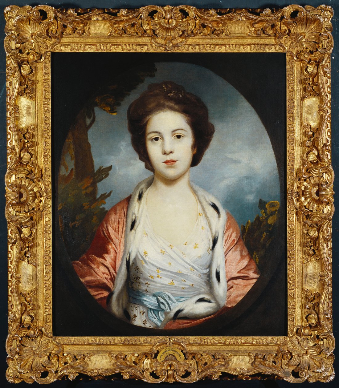 Porträtt av Esther, Lady Wray, iklädd en vit klänning, en guld- och rosa hermelinfodrad mantel, ett landskap bortom av Joshua Reynolds