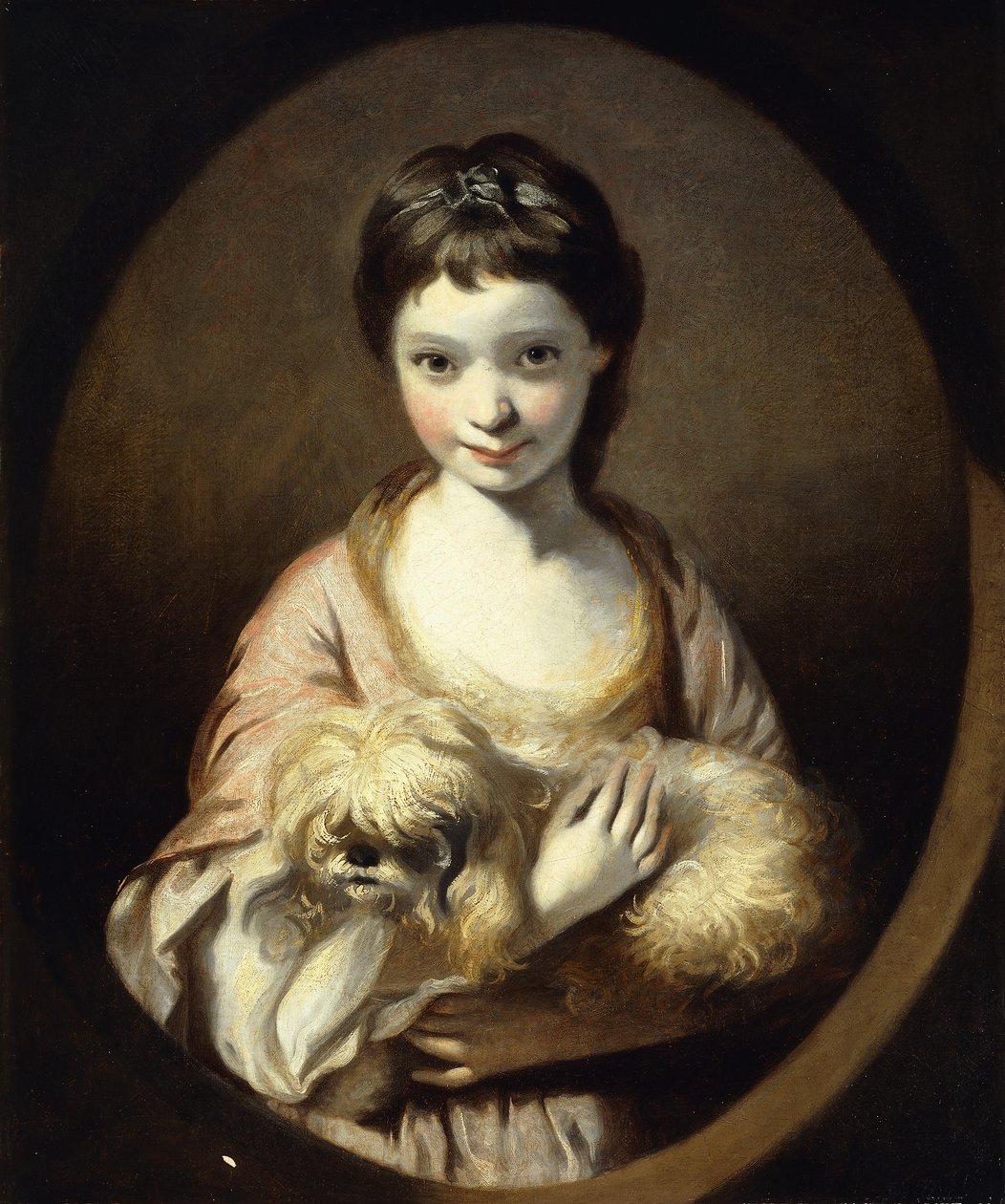 Porträtt av fröken Emilia Vansittart, halvlångt, iklädd en rosa och vit klänning som håller i en hund, ca 1767-68 av Joshua Reynolds