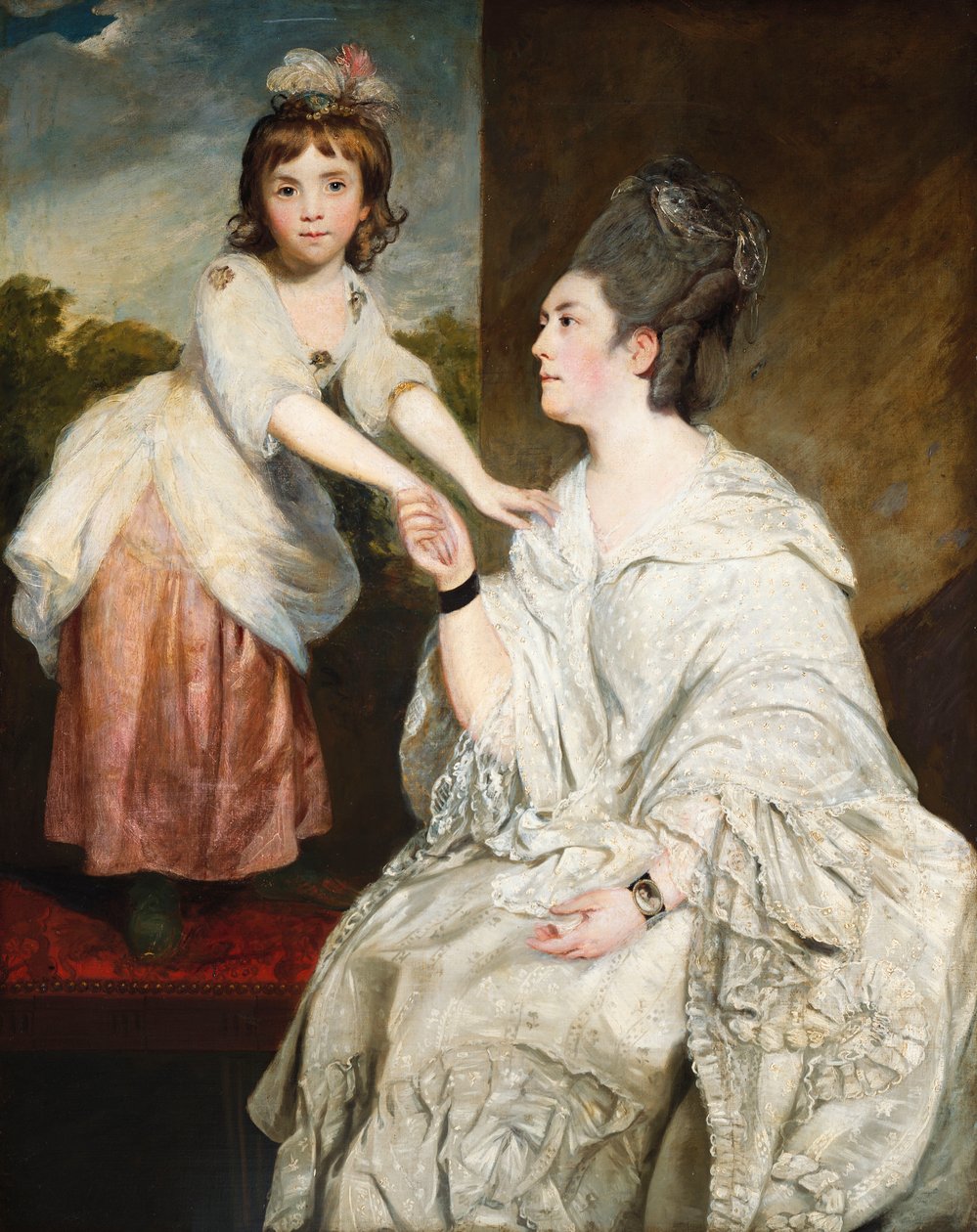 Porträtt av Mrs Sarah Otway, i vit kostym med sin dotter Jane framför ett fönster av Joshua Reynolds