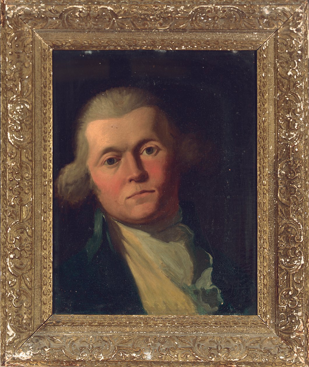 Porträtt av en herre, bystlång, i blå rock och gul väst av Joshua Reynolds