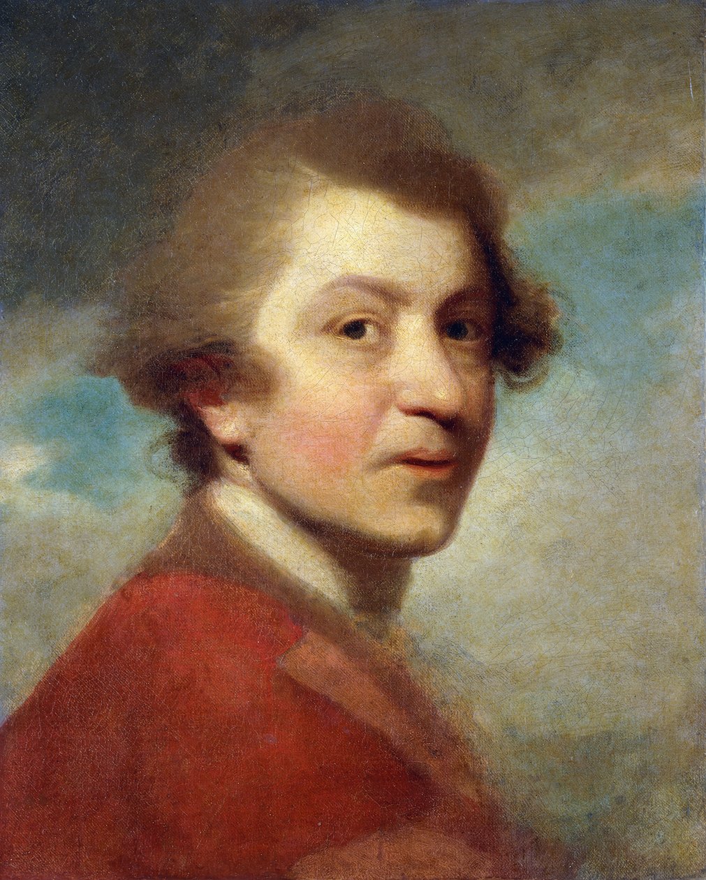 Porträtt av konstnären, huvud och axlar, i en röd klänning av en doktor i lagar och vitt lager - oavslutat, av Joshua Reynolds
