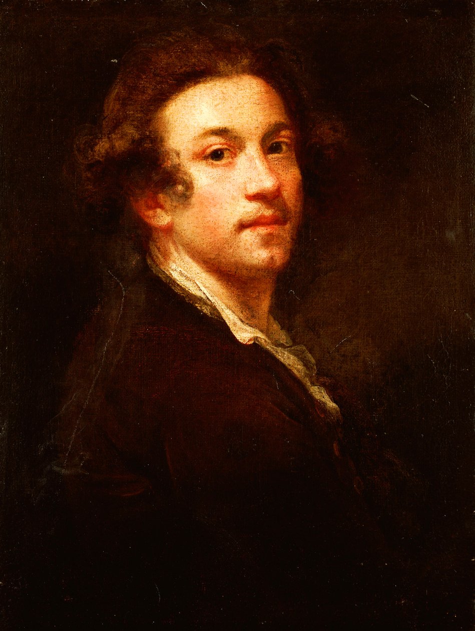 Självporträtt, halvlångt, tittar över axeln, i brun rock och vit skjorta, ca 1750-52 av Joshua Reynolds