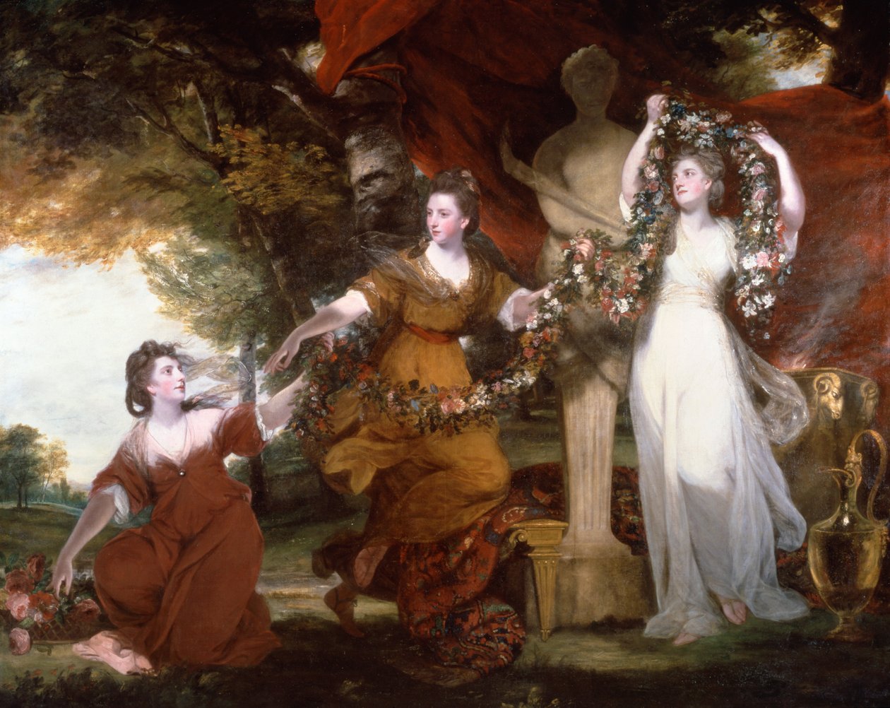 Tre damer som smyckar en herm av Hymen av Joshua Reynolds