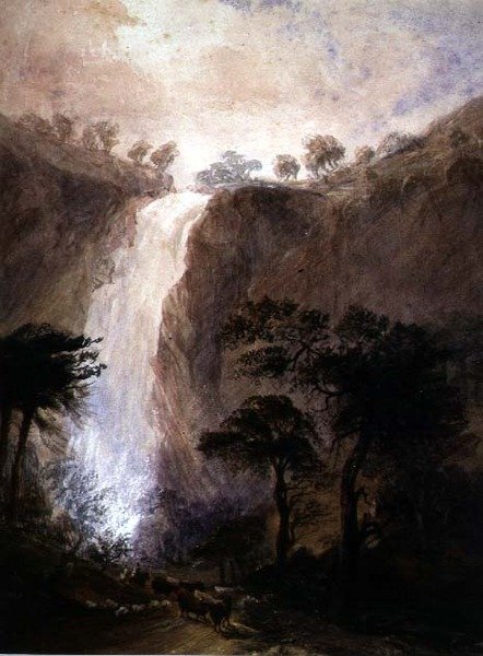 Utsikt över ett vattenfall, ca 1820 (akvarell med gummi arabicum på papper) av Joshua Wallis
