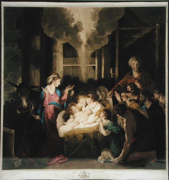 The Nativity, tecknad av Josiah Boydell och graverad av G.J & J.G Fracius (färgstick) av Joshua after Reynolds
