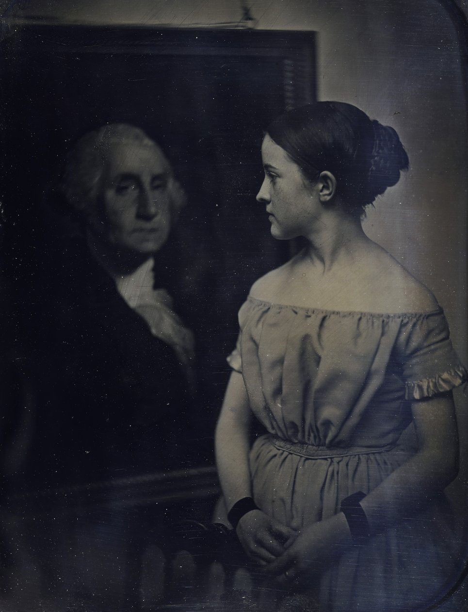 Flicka med porträtt av George Washington, ca. 1850. Skapare: Josiah Johnson Hawes, Albert Sands Southworth. av Josiah Johnson Hawes, Albert Sands Southworth