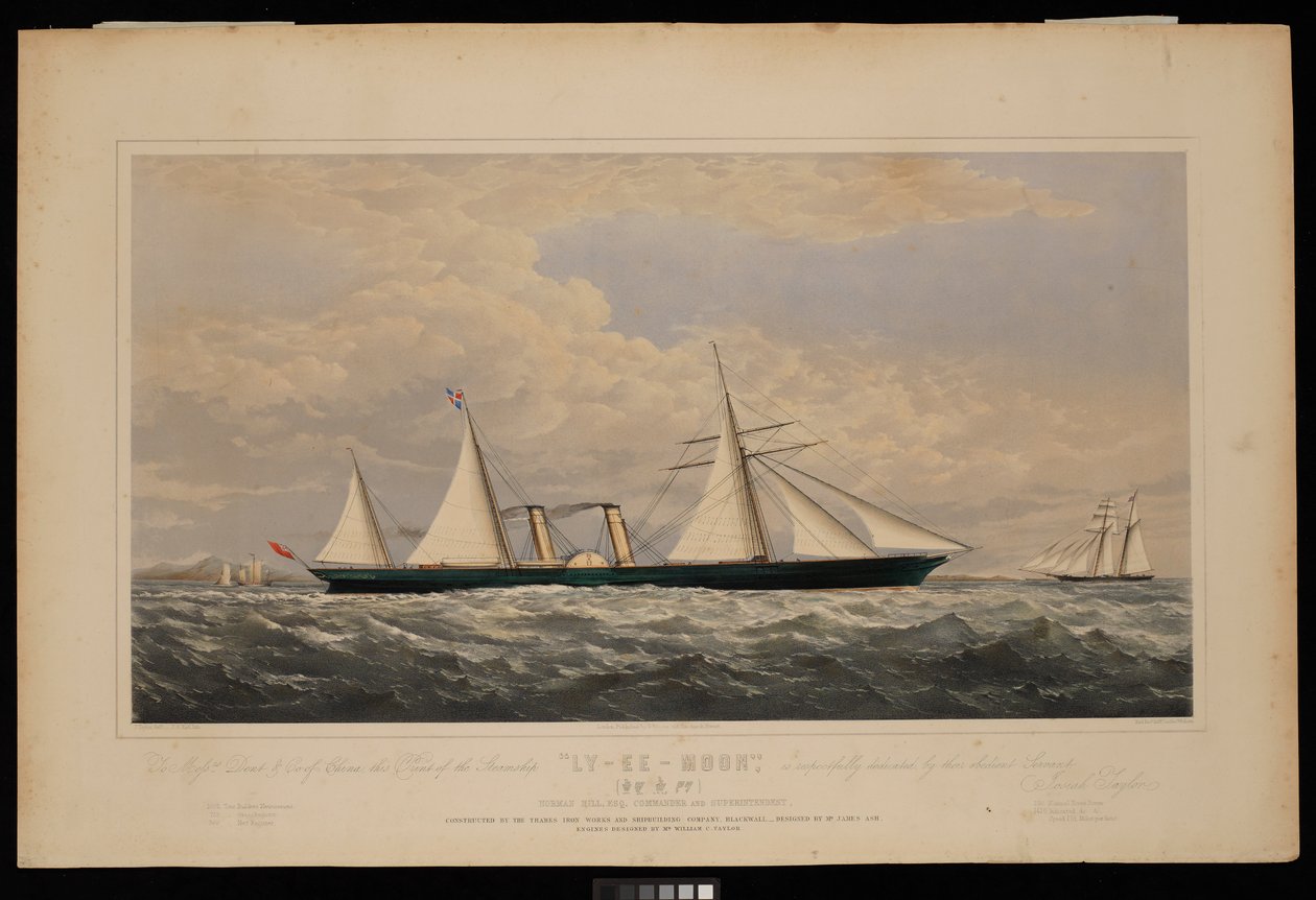 Till Messrs Dent  Co of China, detta tryck av ångfartyget Ly-Ee-Moon, Norman Hill, Esqr Commander.... konstruerad av Thames Iron Works and Shipbuilding Company, Blackwall...,, ca 1860 (litografi, färglagd) av Josiah Taylor
