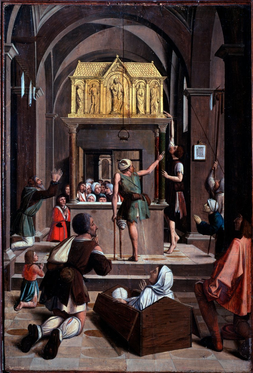 Life of St Sebastian: pilgrimer på St Sebastians grav - olja på trä av Josse (fl.1493 1508) Lieferinxe