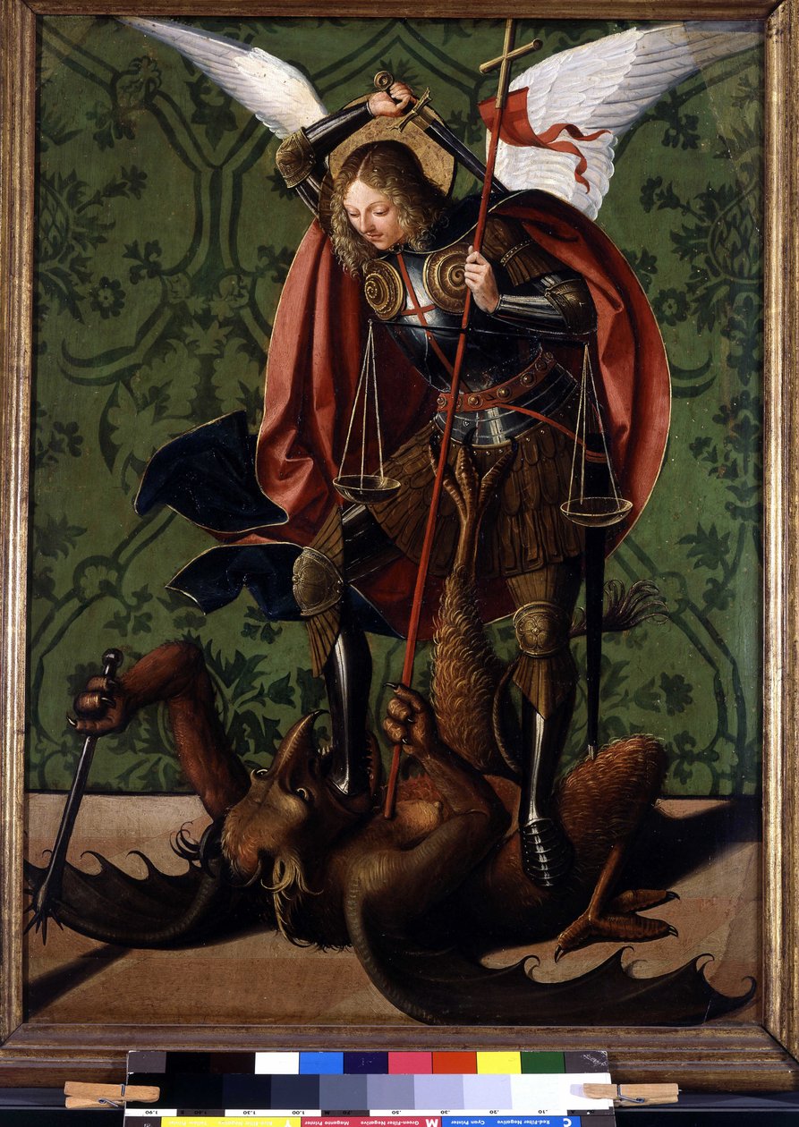 Baksidan av en altartavla: Saint Michel besegrar demonen. Målning av Josse Lieferinxe, verksam mellan 1493-1508 av Josse (fl.1493 1508) Lieferinxe