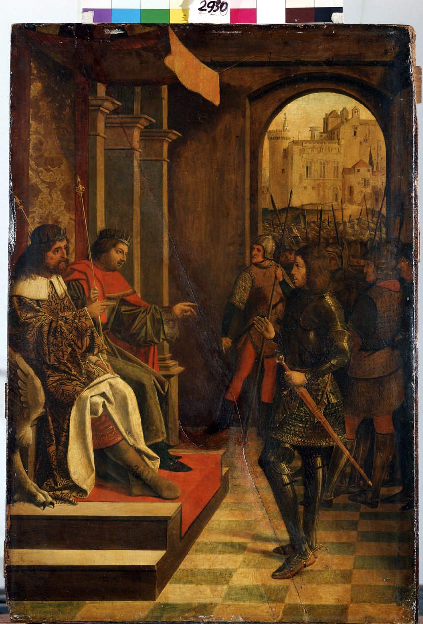 ""Sankt Sebastien före kejsar Diocletianus och Maximianus"" (Sankt Sebastien före kejsarna Diokletianus och Maximianus). De romerska kejsarna Diocletianus (Gaius Aurelius Valerius Diocletianus, 245-316) och Maximianus Hercules (Marcus Aurelius Valerius Max av Josse (fl.1493 1508) Lieferinxe
