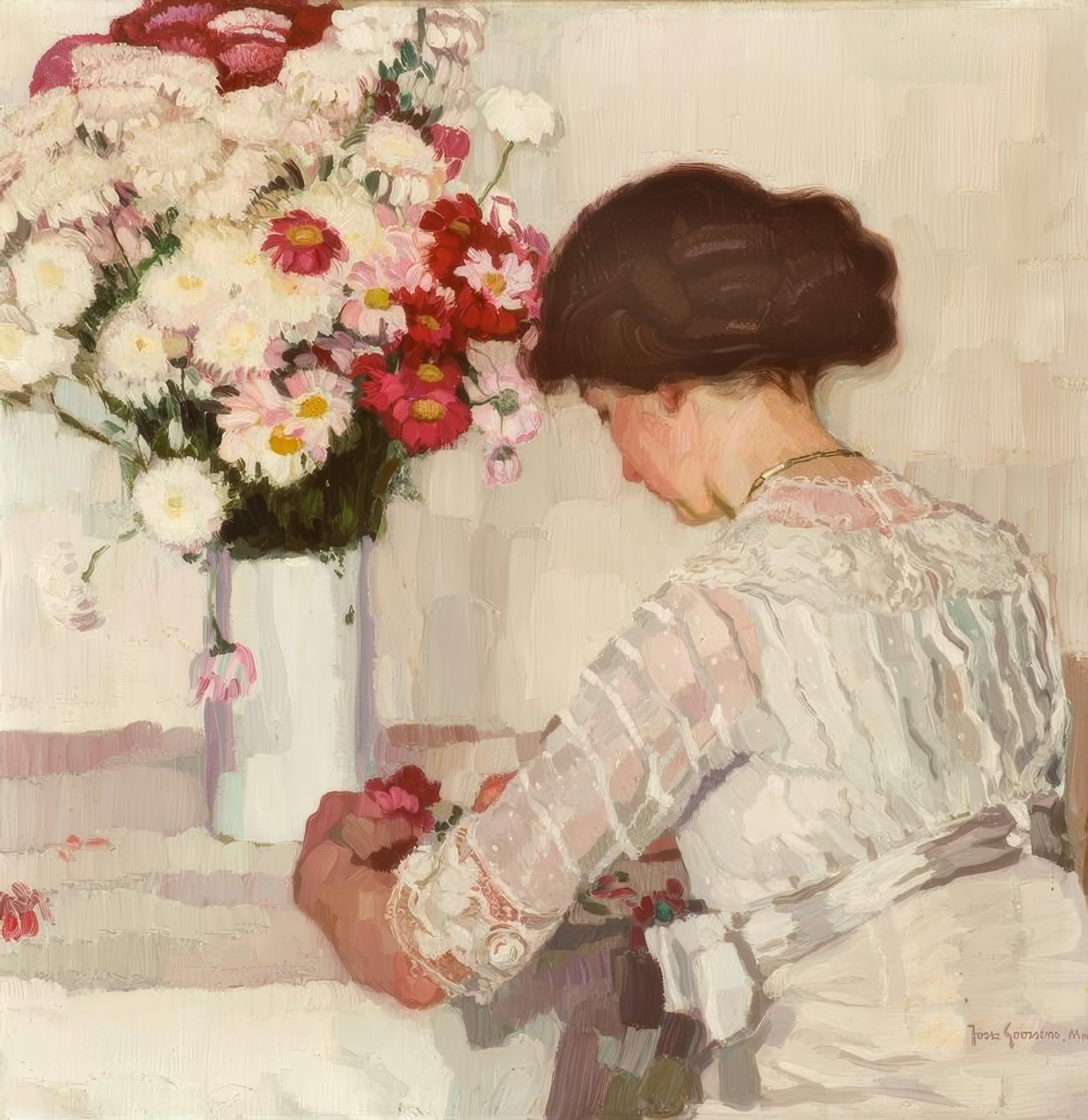 J. Goossens, i tankar (dam i vitt med blommor) av Josse Goossens