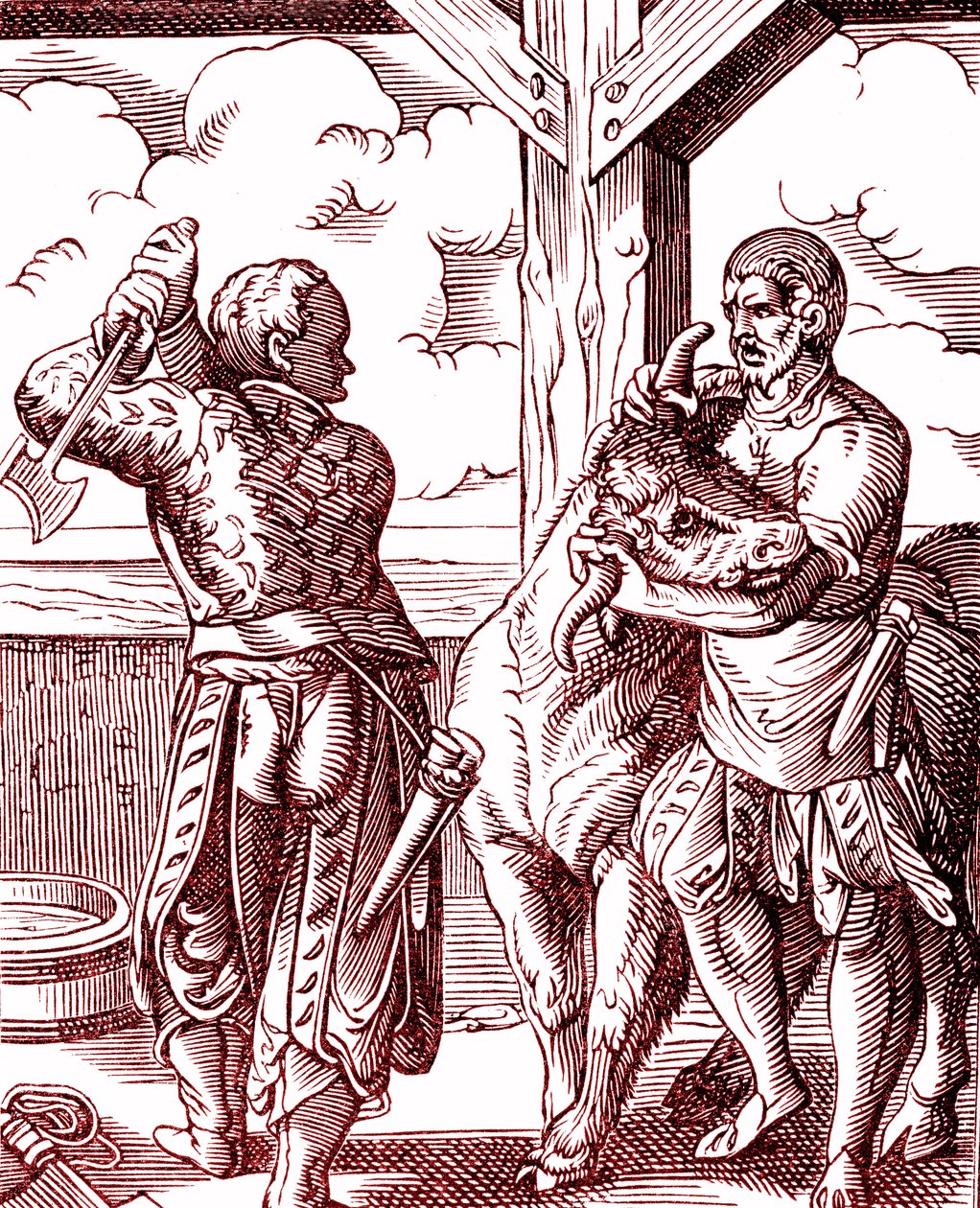 En slaktare - Mat och matlagning under medeltiden. Gravyr av Jost Amman (1539-1591). Gravyr 1878 av Jost (after) Amman