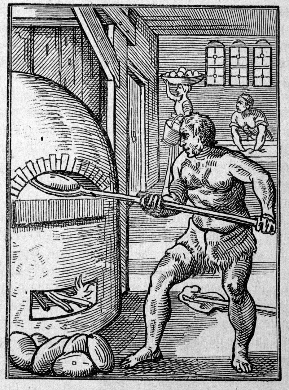 En bagare som bakar bröd i en ugn. Gravyr av Jost Amman (1539-1591) 1500-talet. av Jost Amman