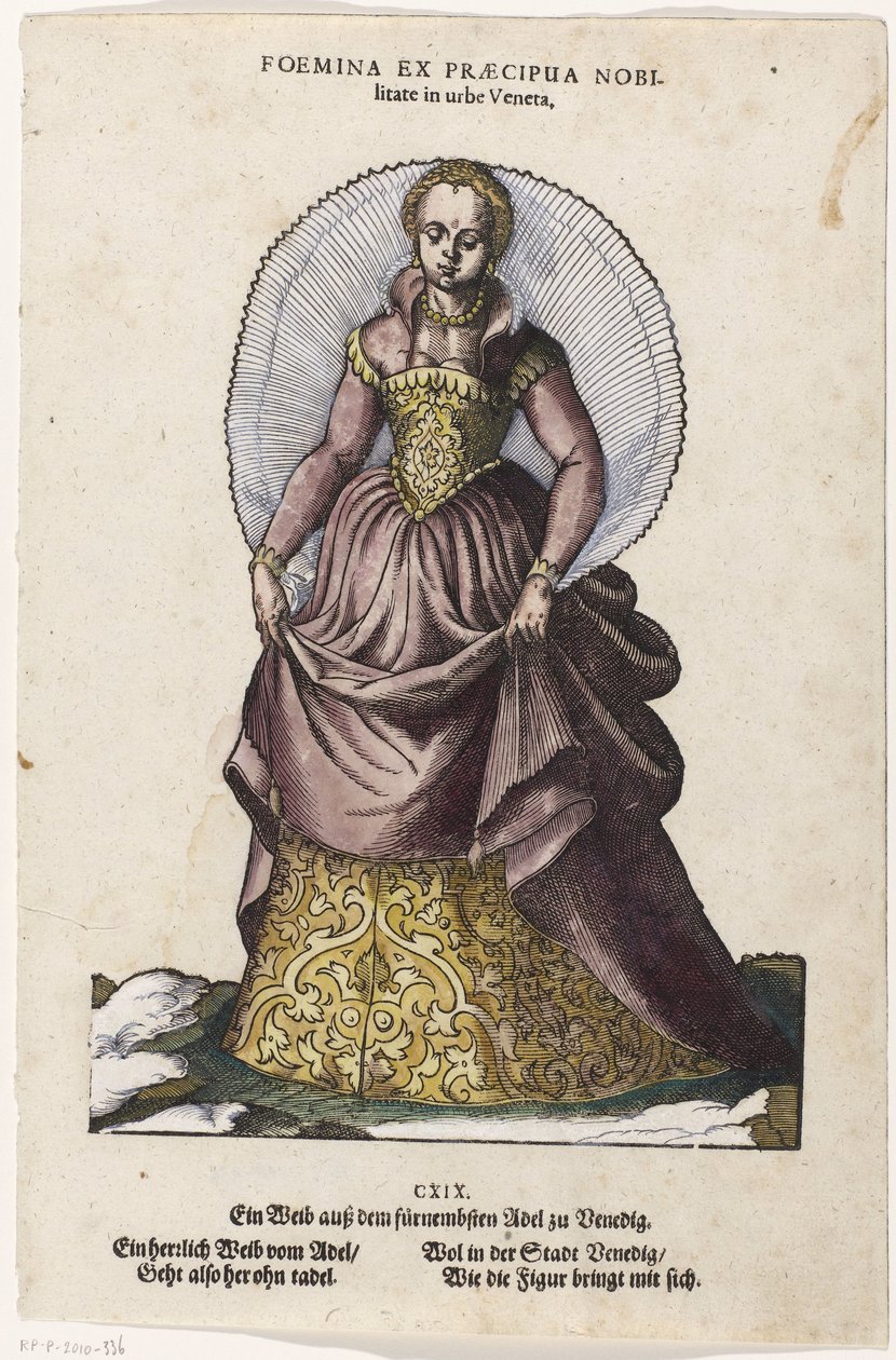 Adellijke vrouw in Venetiaanse dracht En kvinna av den högsta adeln i den venetianska staden / Ein Weib ausz dem fürnembsten Adel zu Venedig (titel på objektet) Huvudfolkens beteende (...) (serietitel) av Jost Amman