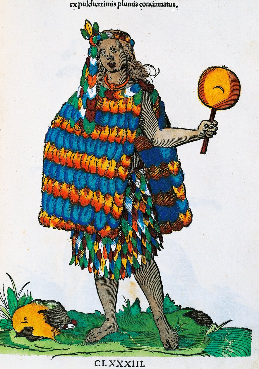 Amerikansk indian, gravyr av Hans Weigel Elder (aktiv 1549-1577) från målning av Jost Amman (1539-1591), från Habitus principiorum populorum både män och kvinnor avbildade med enastående konst, Nürnberg av Jost Amman