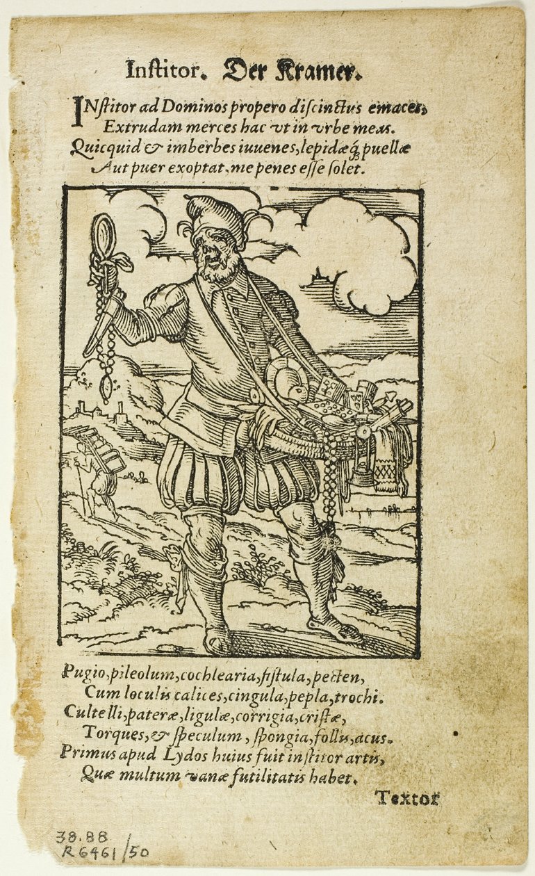 Der Kramer (The Peddler) från De omnibus illiberalibus sive mechanicis artibus av Hartmann Schopper, plåt 50 från Woodcuts from Books of the XVI Century av Jost Amman