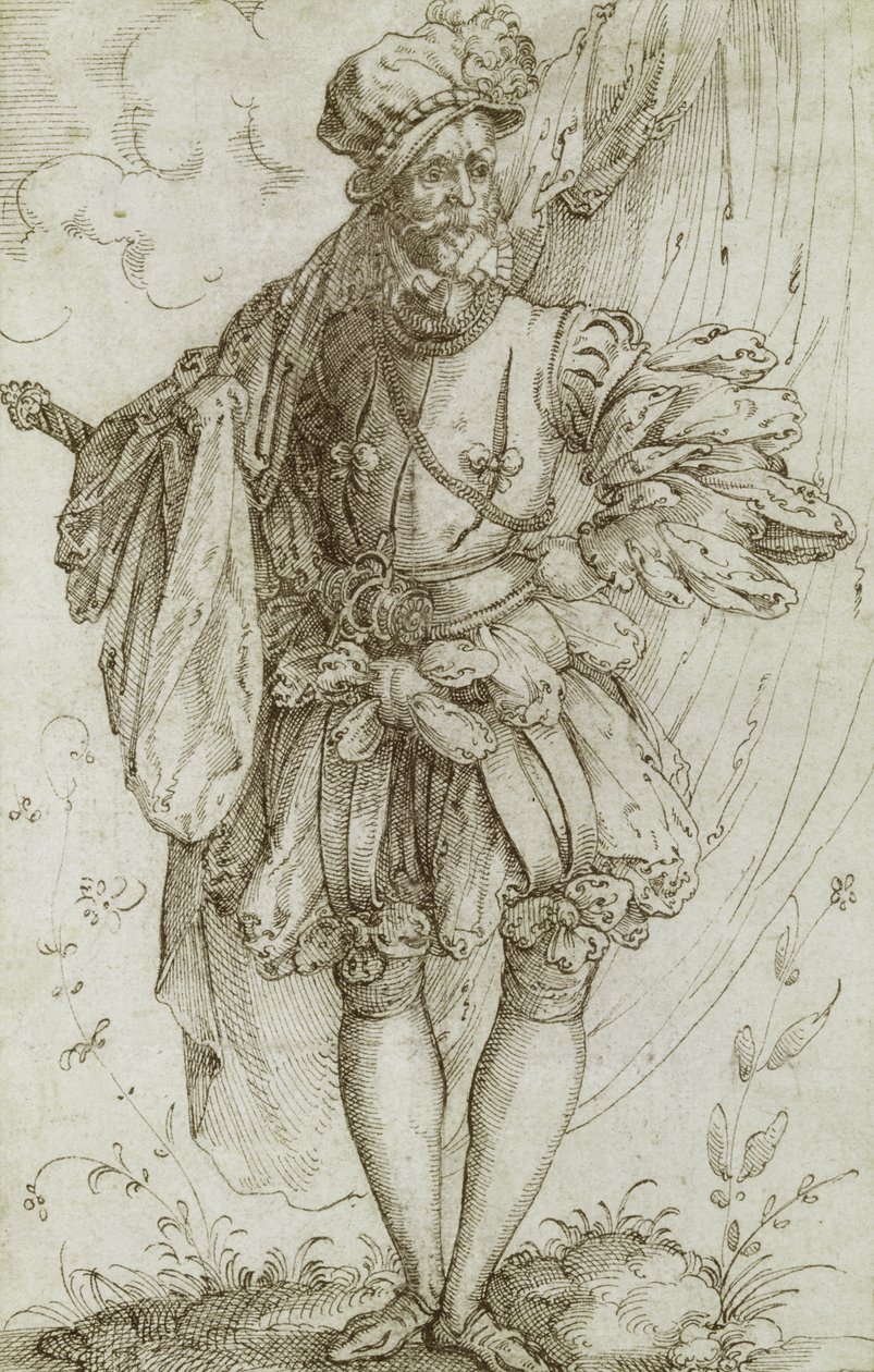 Ensign Carrying a Flag, 1560-tal (bläck på lagt papper) av Jost Amman