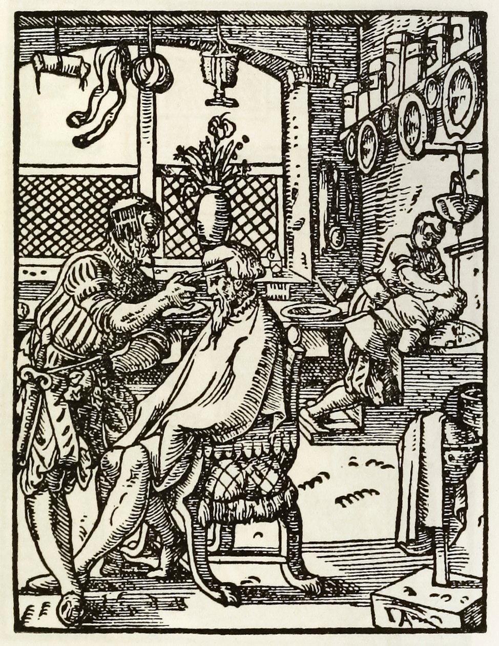 Barberarna från en serie som skildrar yrken och yrken publicerad först i Das Ständebuch 1568 i Frankfurt, Tyskland av Jost Amman