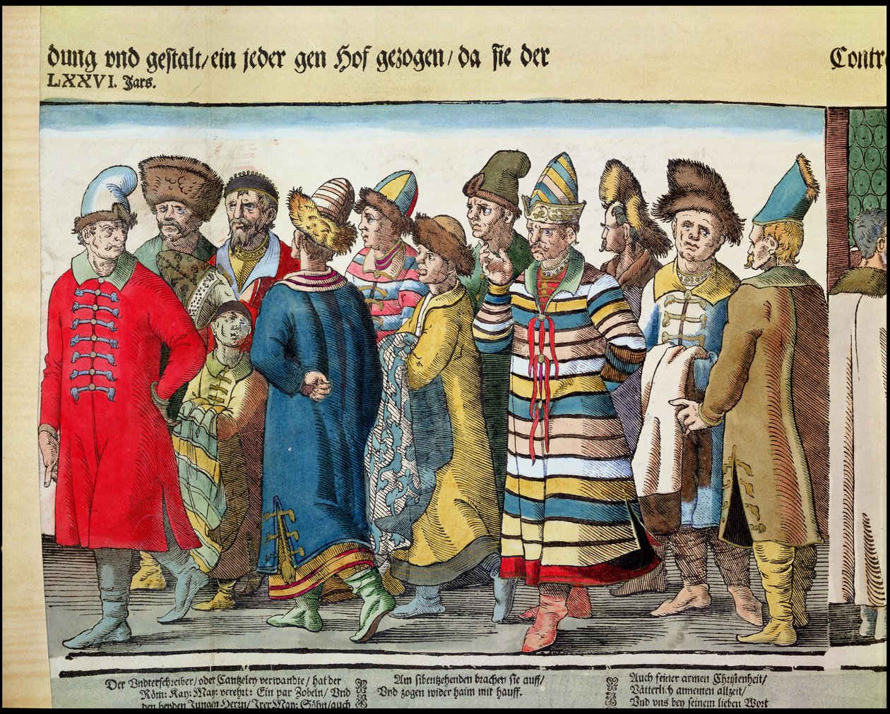 Ivan IV:s stora ambassad 1530-84 av Ryssland till den helige romerske kejsaren i Regensburg 1576 färgad träsnittsdetalj av 173050 och 88595 av Jost Amman