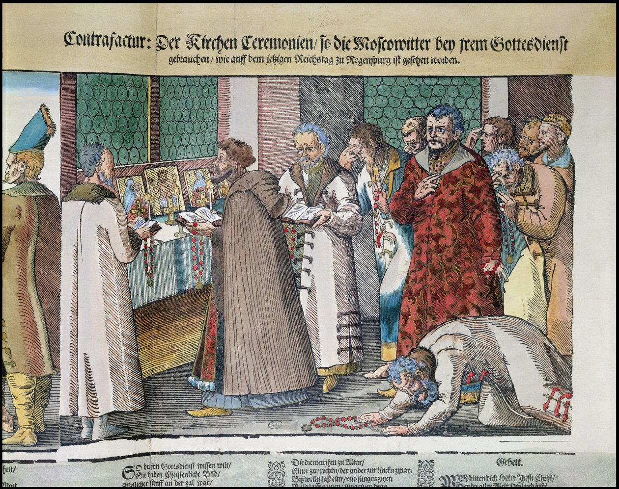 Ivan IV:s stora ambassad 1530-84 av Ryssland till den helige romerske kejsaren i Regensburg 1576 färgad träsnittsdetalj av 173050 och 88595 av Jost Amman