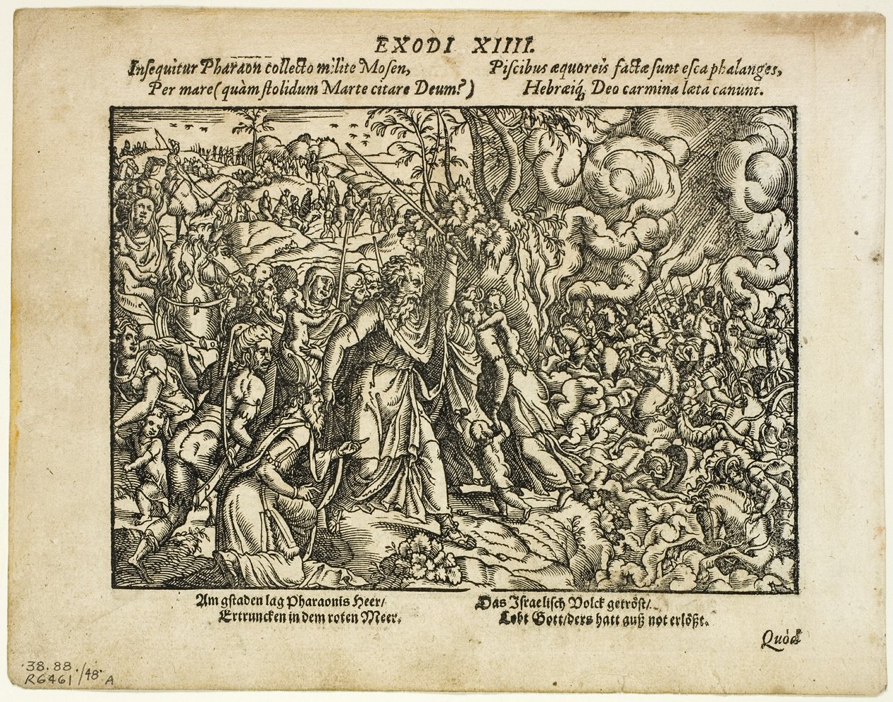 Röda havets passage (recto) och Jakobs begravning (verso) från Neuwe Biblische Figuren, plåt 48 från träsnitt från XVI-talets böcker av Jost Amman