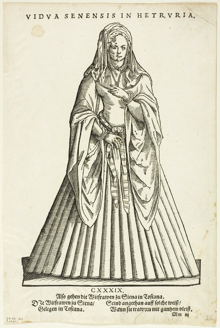 Vidua Senensis in Hetruria (Änkan från Siena i Toscana) från H. Weigels Trachtenbuch, plansch 51 från Woodcuts from Books of the XVI Century av Jost Amman