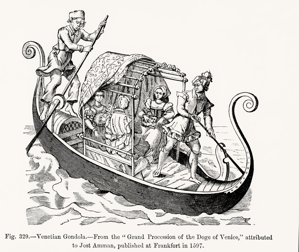 Venetiansk gondol, från Grand Procession of the Doge of Venice, illustration från vetenskap och litteratur under medeltiden och renässansen, skriven och graverad av Paul Lacroix, 1878 ( av Jost (after) Amman