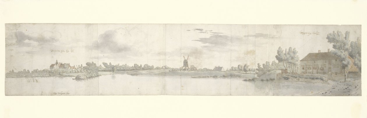Panoramautsikt över Kasteel Ooij och Tollhouse, North Brabant av Josua de Grave