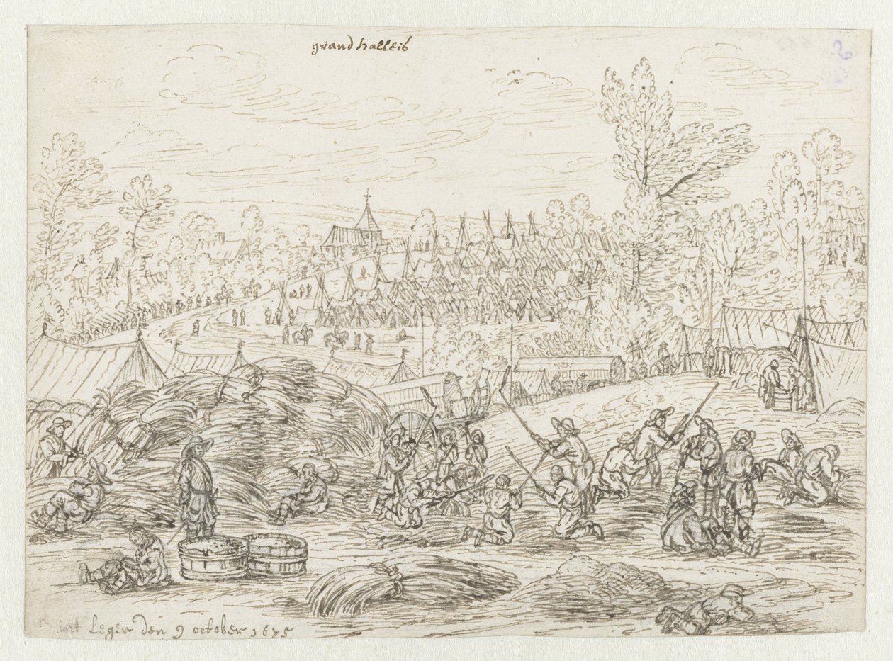 Vy över ett läger för armén av Willem III nära Grand-Hallet, Liège av Josua de Grave