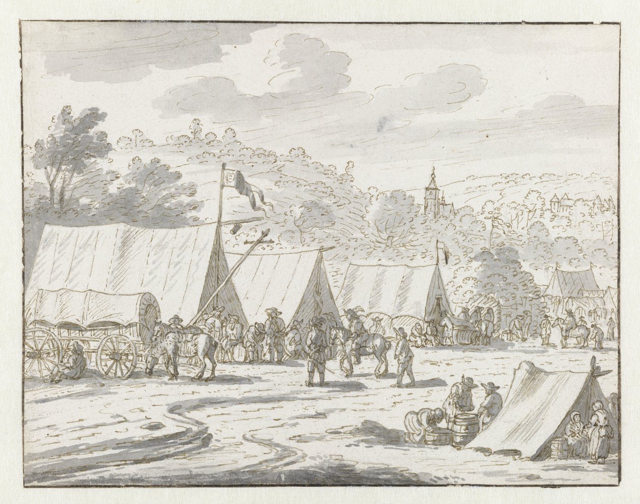 Vy över ett läger för armén av Willem III nära Lembeek, Flemländska Brabant av Josua de Grave