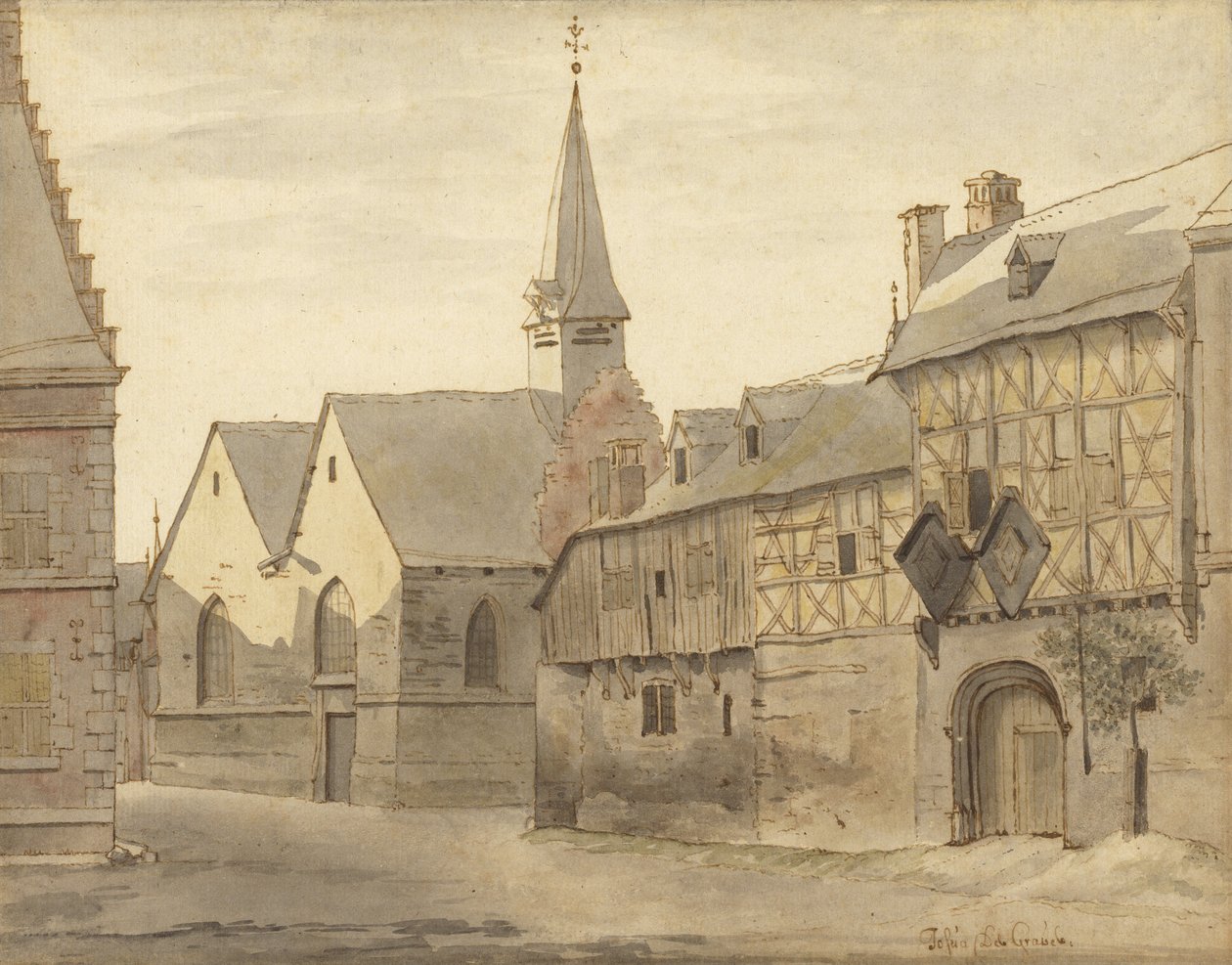Vy över S:t Jacobs kyrka och värdshuset, Maastricht av Josua de Grave