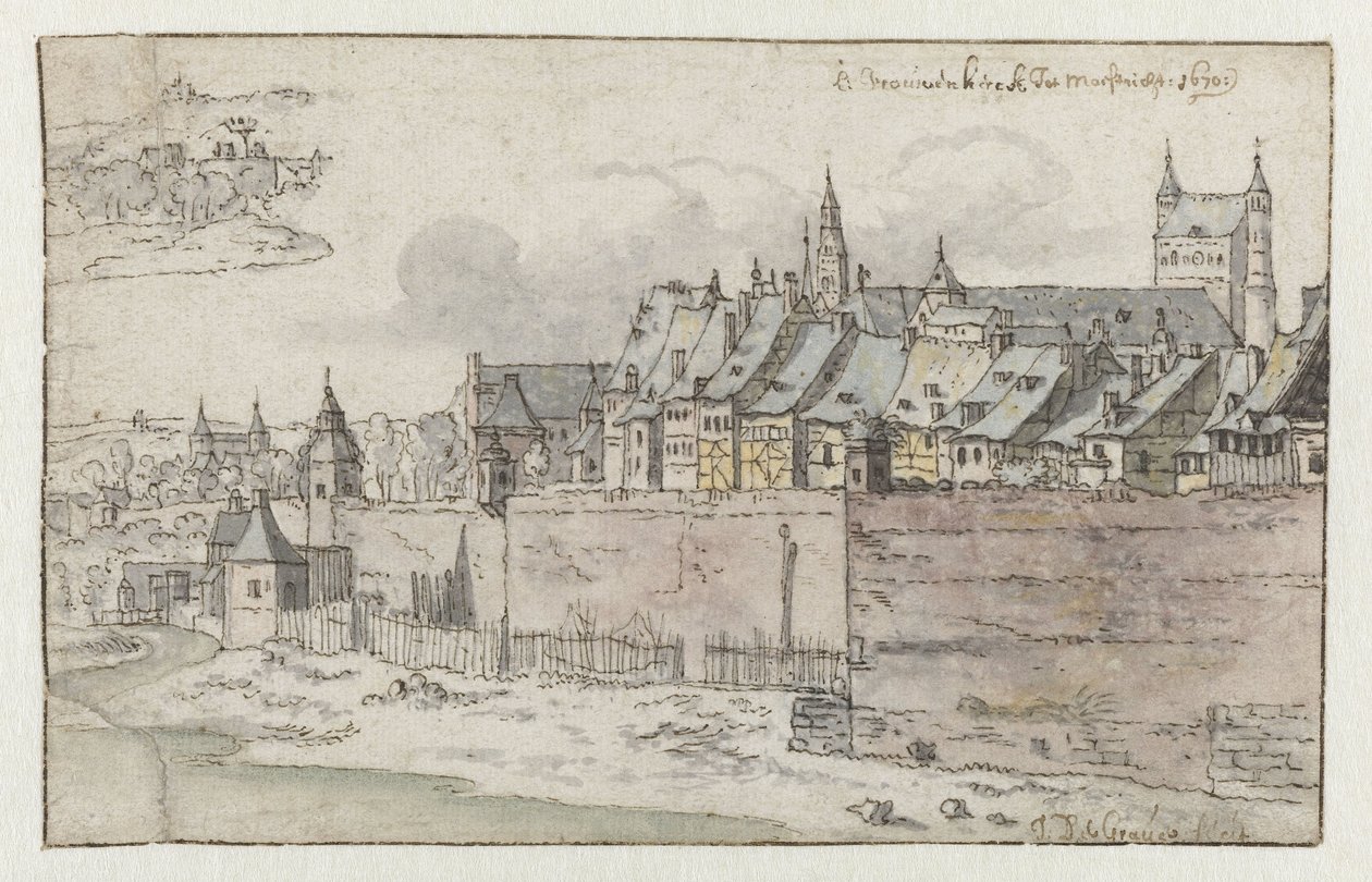 Utsikt över Maastrichts murar med Onze-Lieve-Vrouwekerk i bakgrunden av Josua de Grave