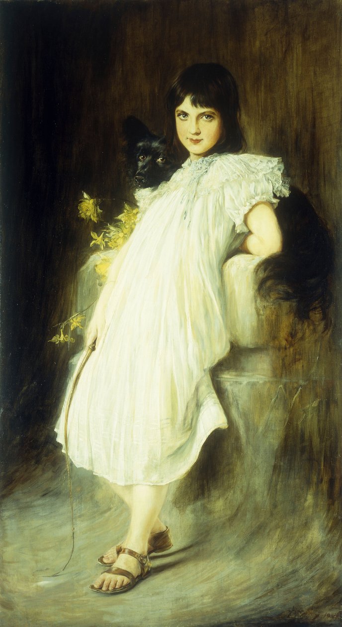 Porträtt av en ung flicka med sin hund, 1908 av Joszi Arpad Koppay