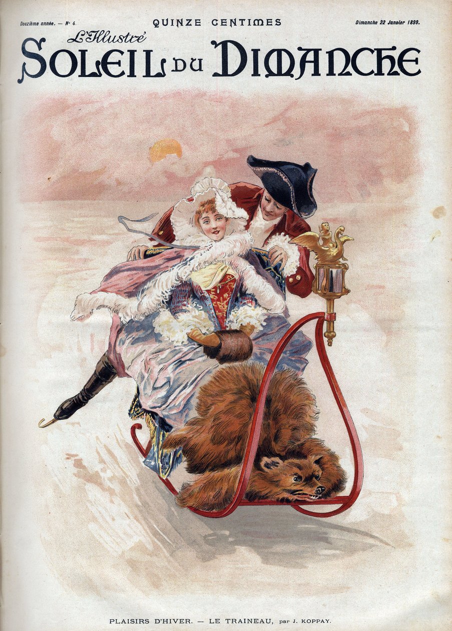 Vinternöje: släde. Ett elegant par i pulka och skridskoåkning glider över snön. Enligt J. Koppay. Gravyr i "" Le sun-du-dimanche"", 22 januari av Joszi Arpad Koppay