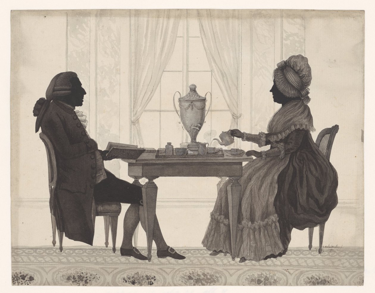 Silhuetterna Louis Metayer (*1728) och Antoinette Bernard (*1735) vid bordet av Jozef Adolf Schmetterling