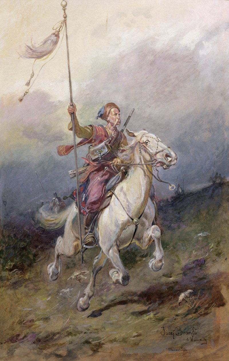Pathfinder, en polsk kavallerist från 1600-talet på en vit laddare av Jozef Brandt