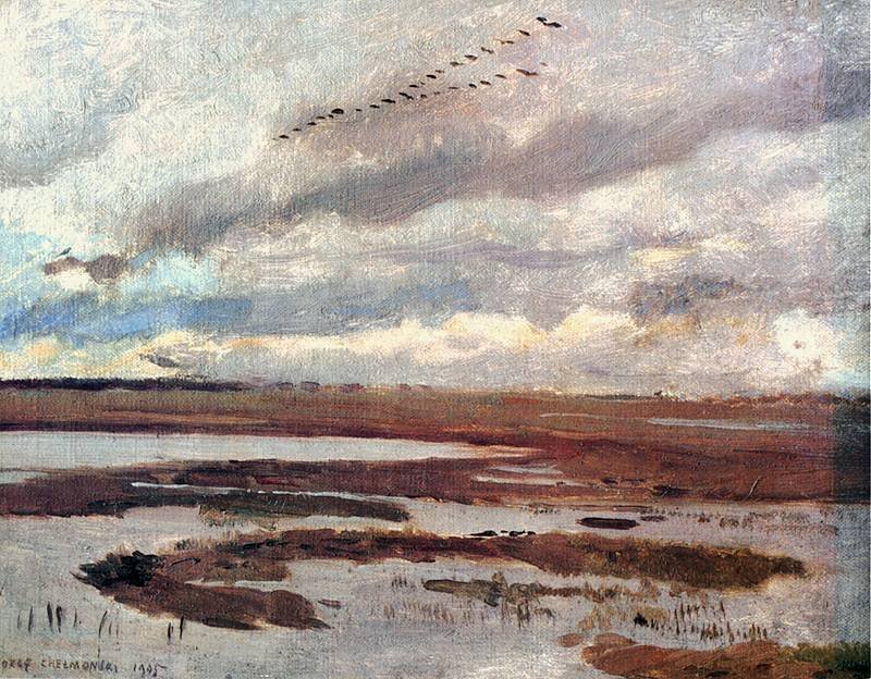 Cranes, landscape from meadow av Jozef Marian Chemonski