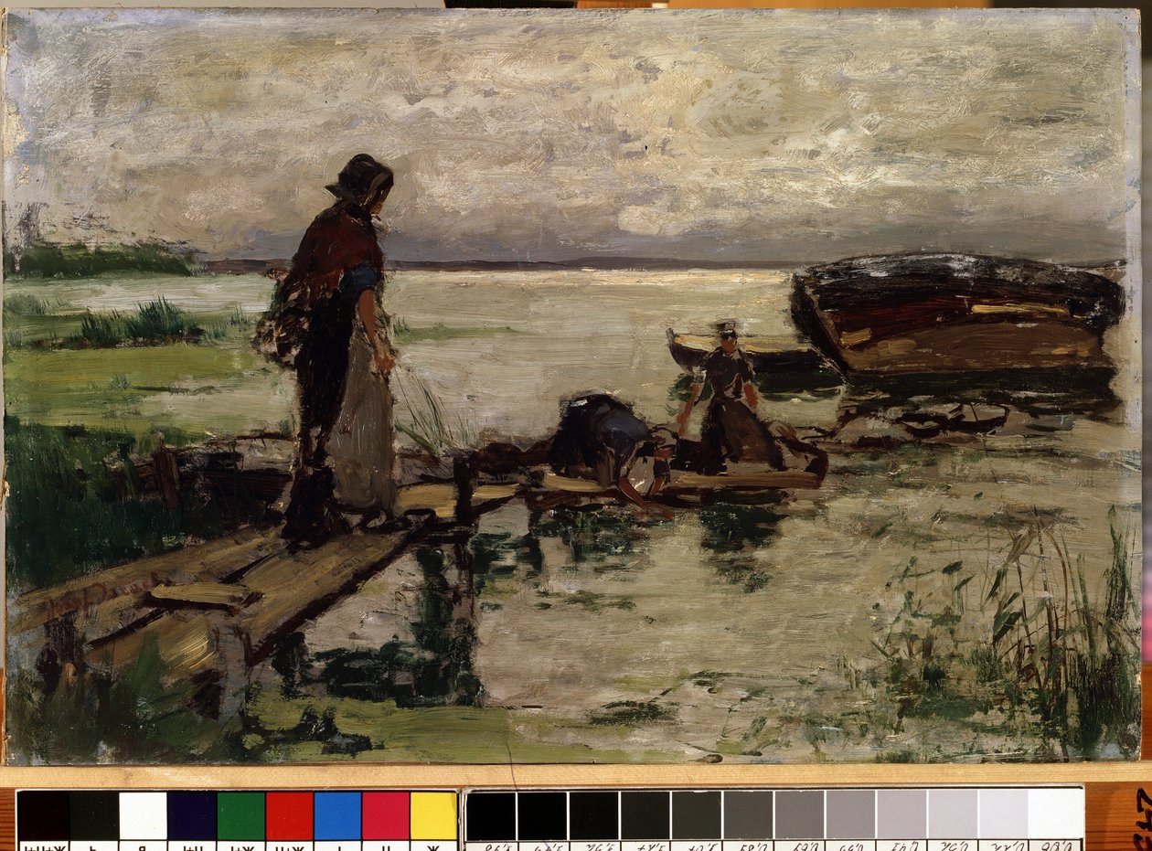 ""På stranden"" (Vid stranden) Holländska bondkvinnor vid vattnet. Målning av Josef Israels (1824-1911) Mikalojus Konstantinas Ciurlionis Fine Arts Museum, Kaunas, Litauen av Jozef  Israels