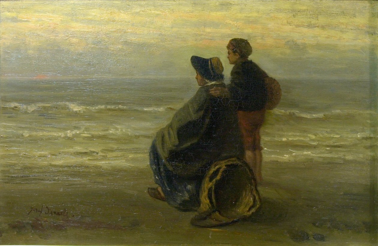 Mor och barn på en havsstrand, ca 1890 (olja på pannå) av Jozef (1824 1911) Israels