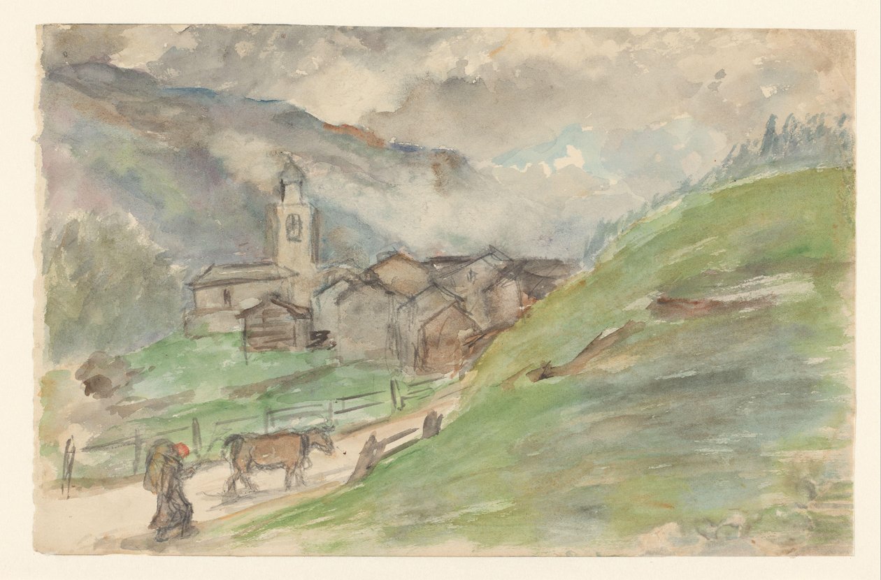 Bergsby med kyrka av Jozef Israëls