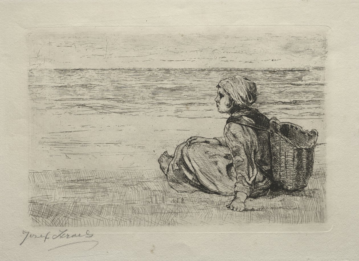 Flicka med korg sittande på stranden av Jozef Israëls